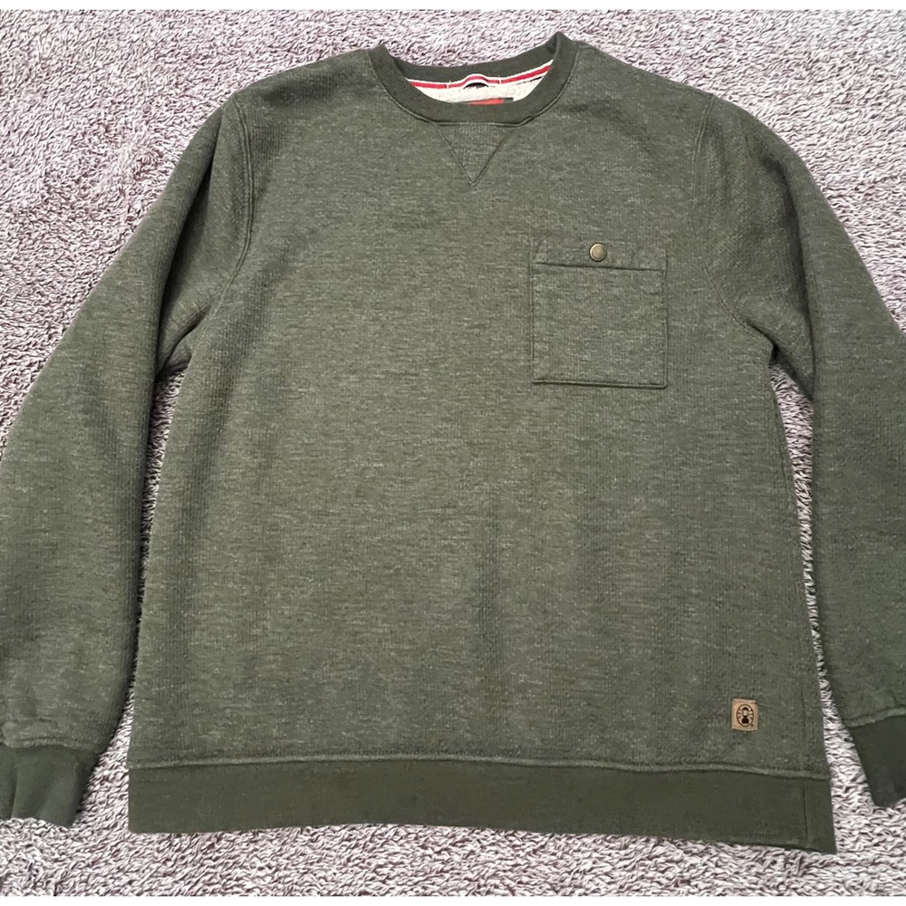 Coleman Mens Sherpa Lined Waffle Knit Sweatshirt Green Pocket Crewneck Large
